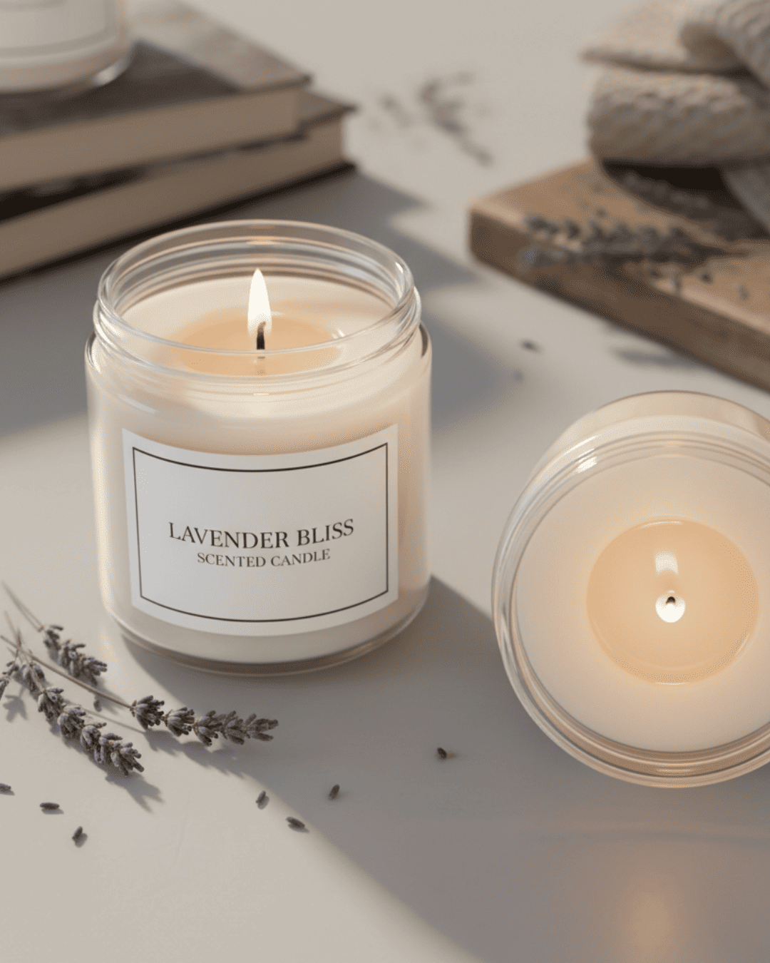 Lavender Bliss scented candle with a burning flame on a light surface with lavender flowers.