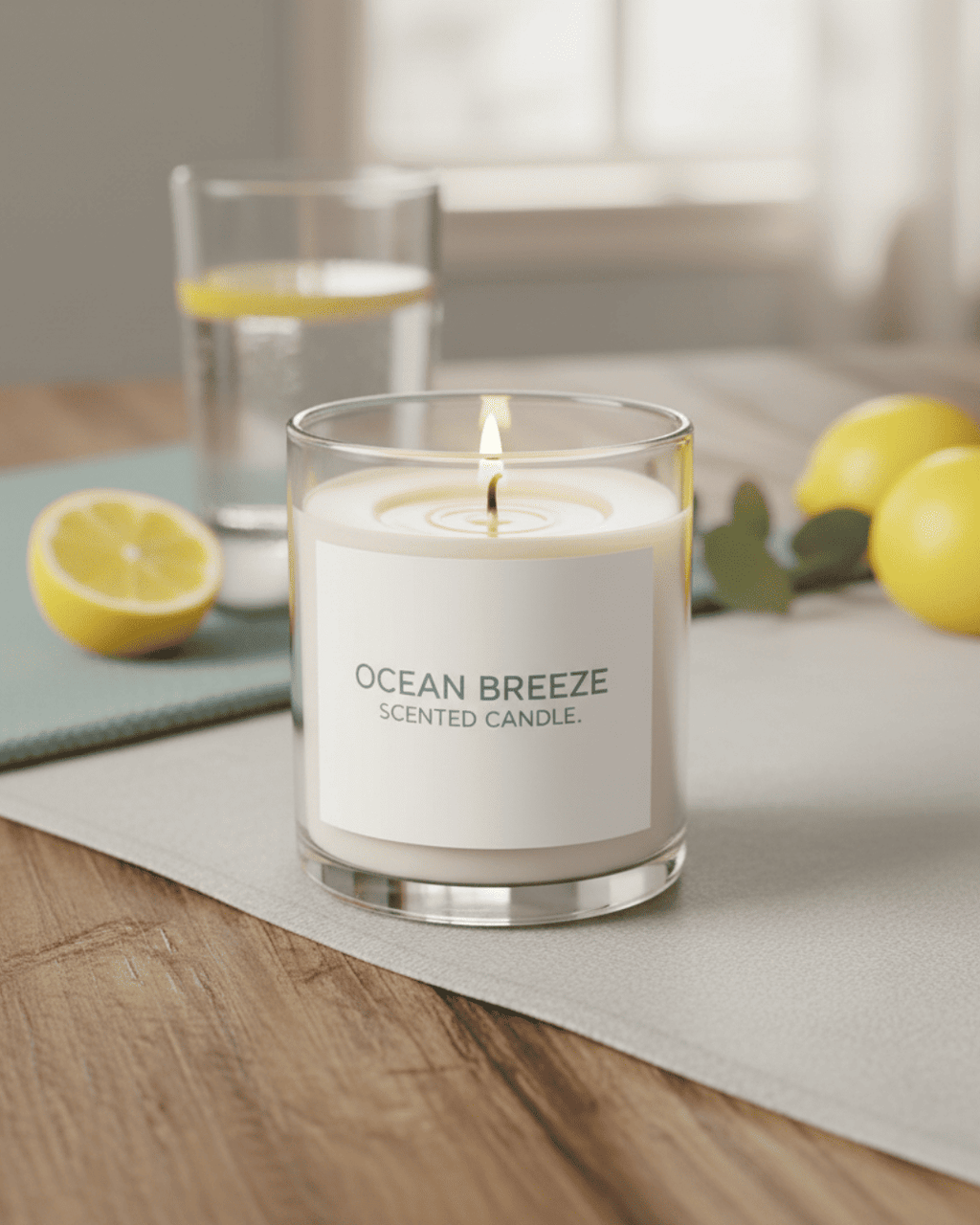 Ocean Breeze scented candle on a table with lemons and water in the background