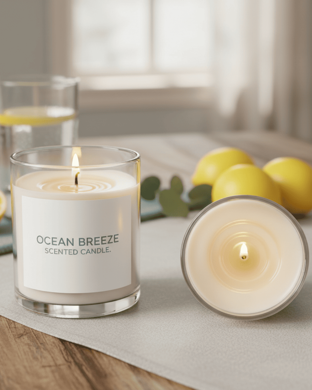 Ocean Breeze scented candle on a table with lemons and a glass of juice in the background.