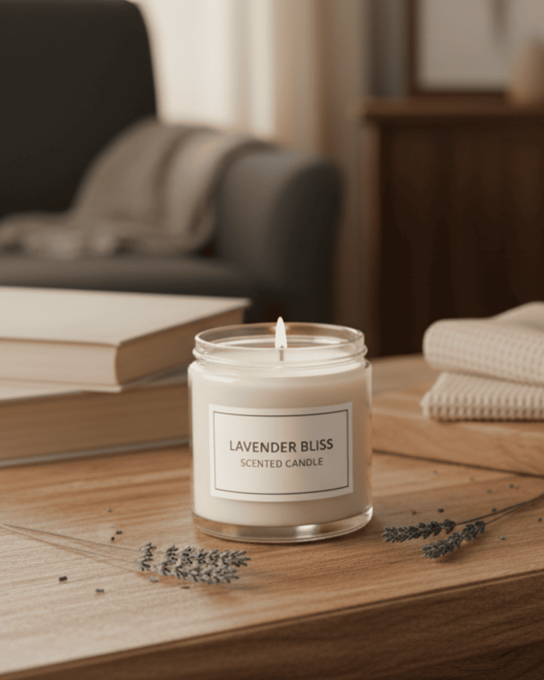 Lavender Bliss scented candle on a wooden surface with books and lavender flowers in the background.