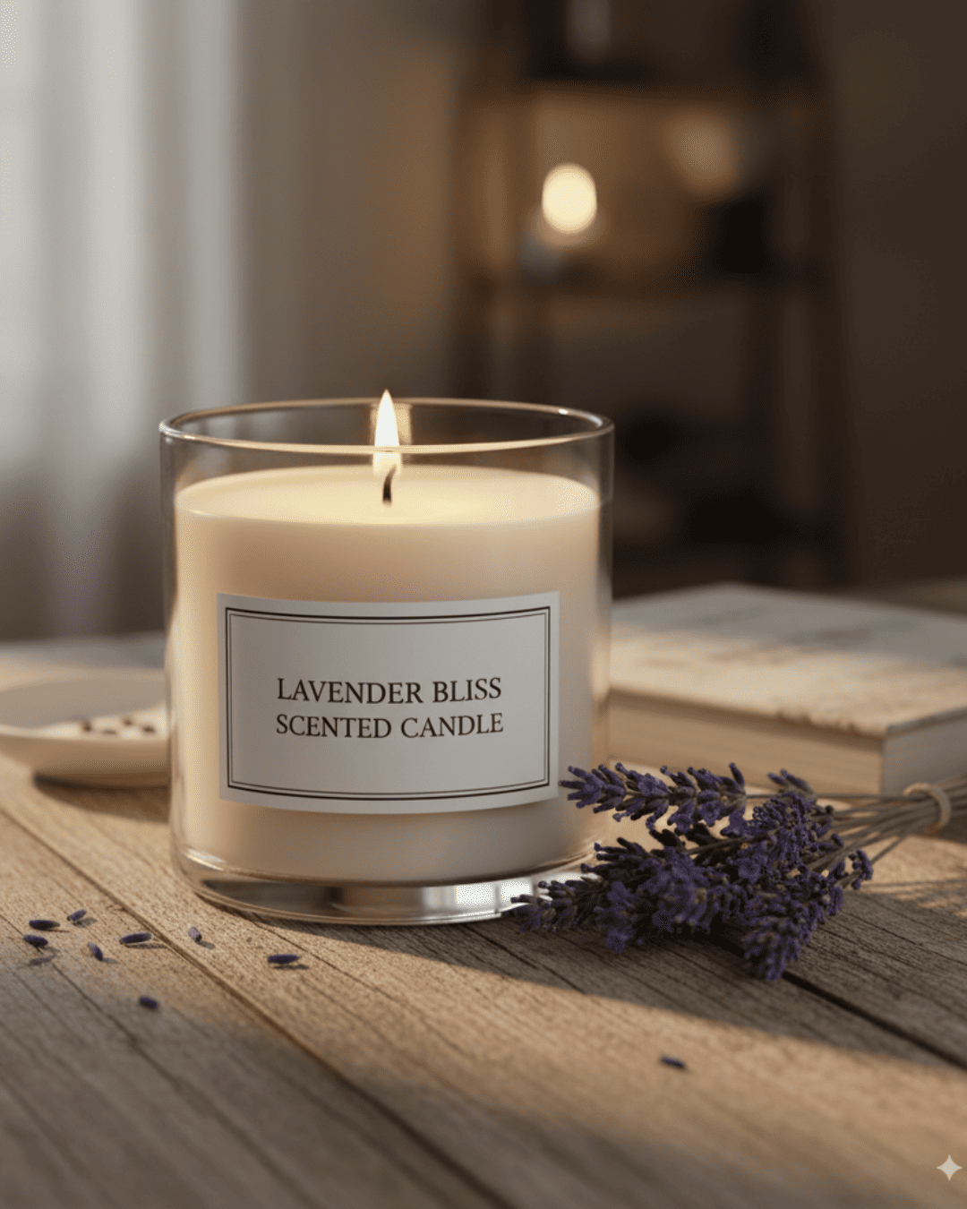 Lavender Bliss scented candle on a wooden surface with lavender flowers and a book in the background.