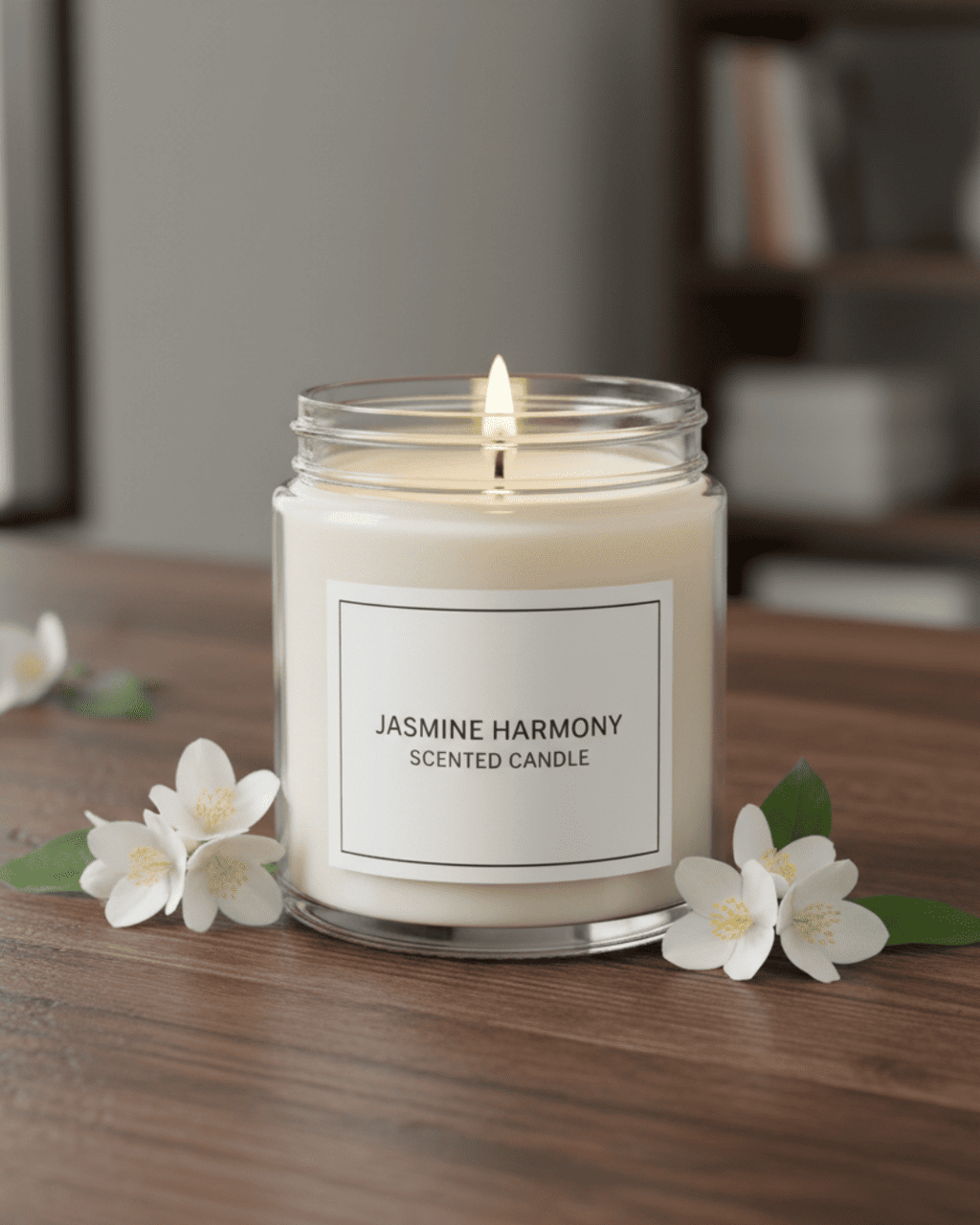 A glass jar candle with creamy wax and a lit flame, labeled "Jasmine Harmony Scented Candle," photographed against a plain white background in a clean, minimal style.