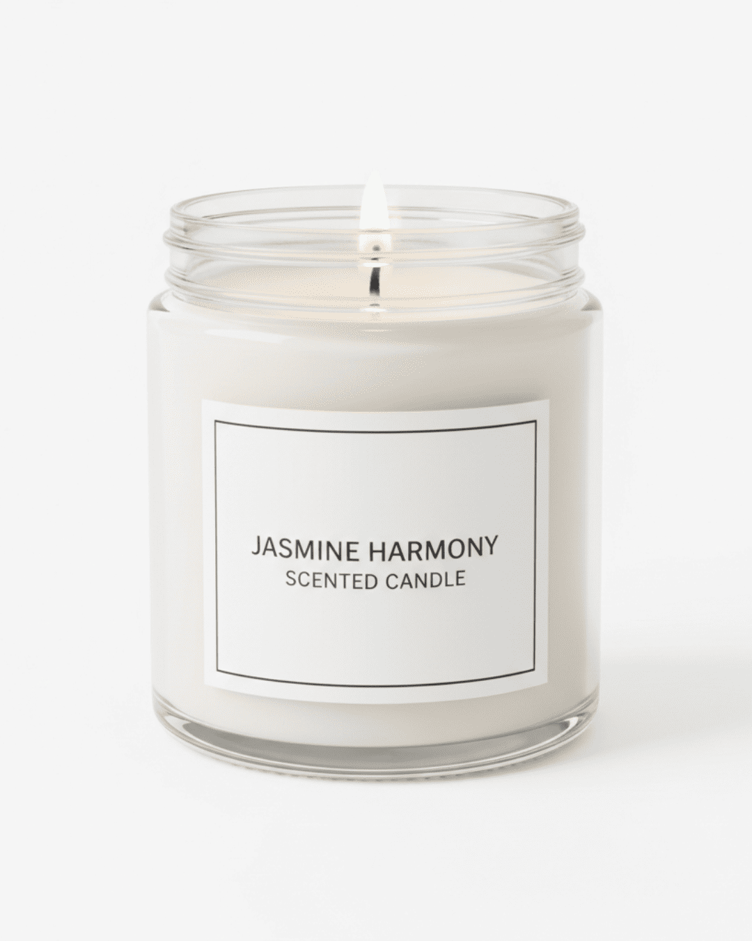 Jasmine Harmony scented candle in a clear glass jar on a white background