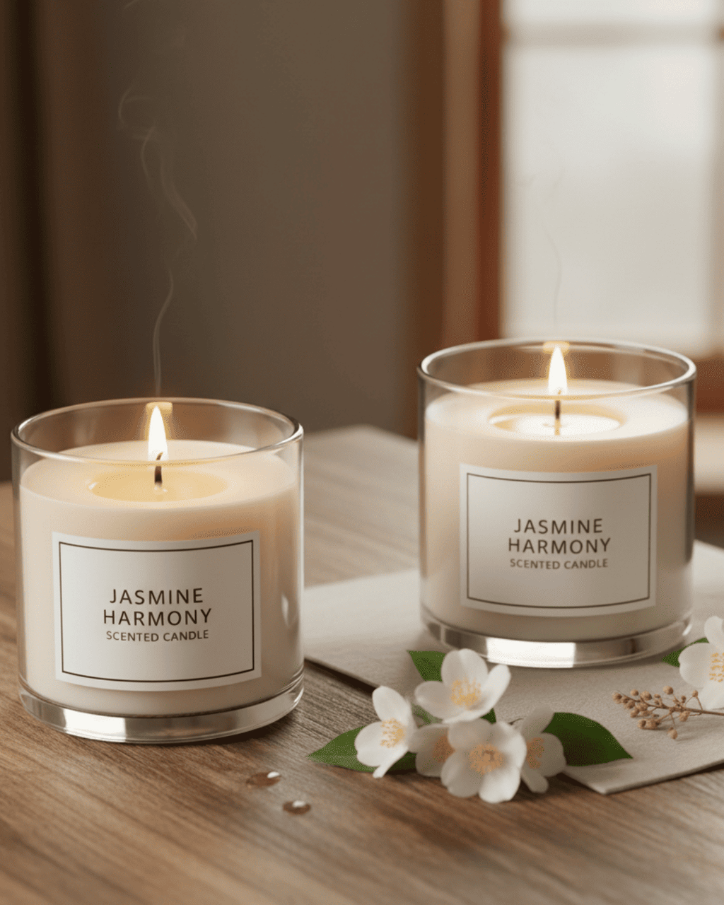Two Jasmine Harmony scented candles on a wooden surface with flowers and seeds.