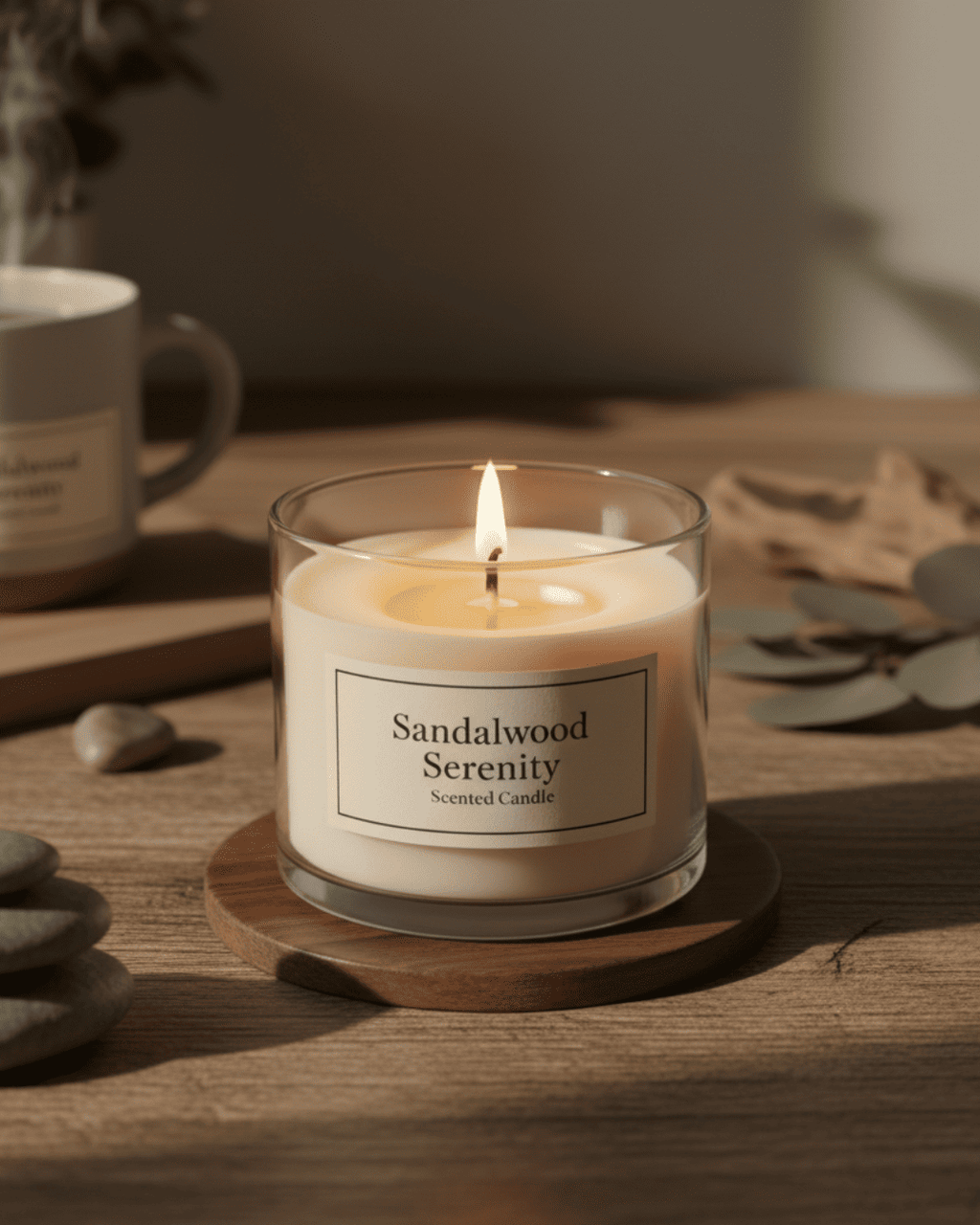 Sandalwood Serenity candle on a wooden coaster with a blurred background