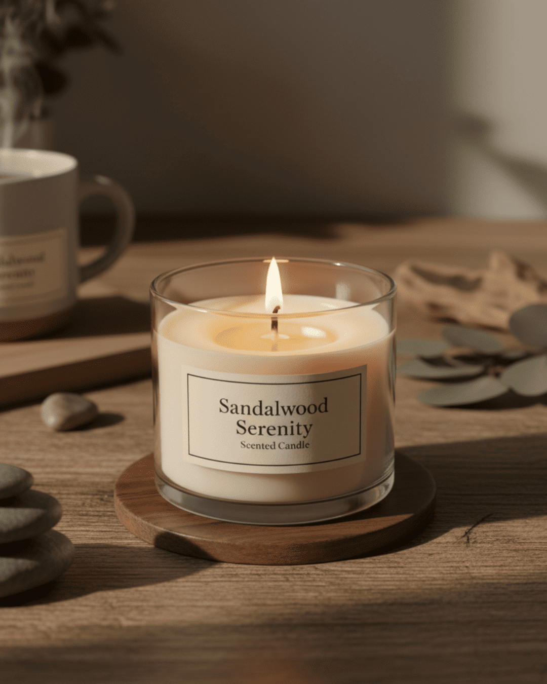 Sandalwood Serenity candle on a wooden coaster with a blurred background