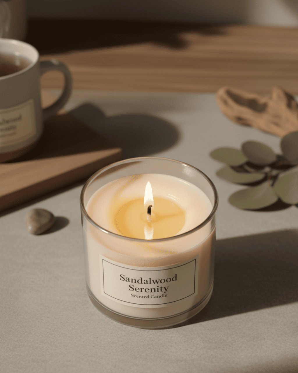 Candle labeled 'Sandalwood Serenity' on a table with a cup and decorative elements.