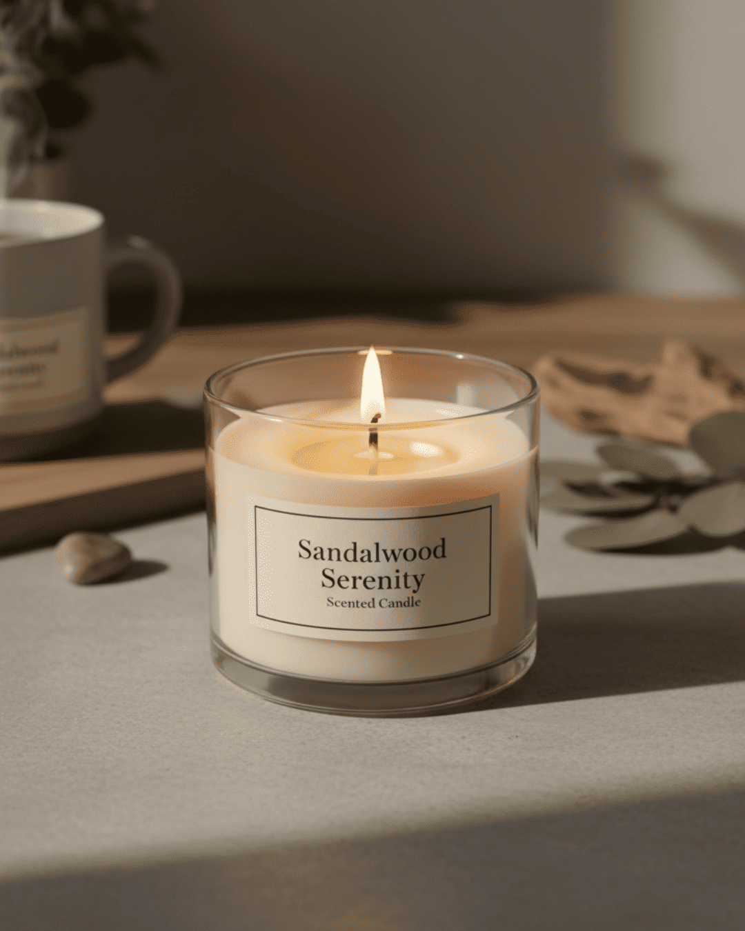 Sandalwood Serenity scented candle on a table with a blurred background